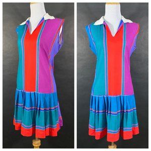 Multicolored Striped Drop Waist Dress // Pleated S